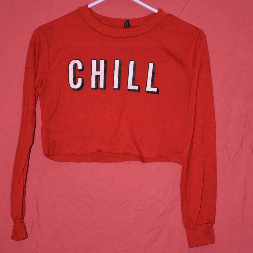 Red cropped “C H I L L” long sleeve tee